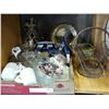 Image 1 : SHELF LOT OF COLLECTIBLE POTTERY CHINA AND GLASSWARE AND HEAVY WIRE GAUGE BASKET AND TINS