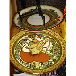 TWO LARGE HAND DECORATED CHARGER PLATES ON STANDS