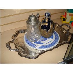 CRYSTAL LIDDED BEER STEIN AND VINTAGE POTTERY DECANTER SILVER PLATTER AND WILLOW PLATER