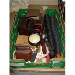 TRAY OF UMBRELLAS BOXES WALLETS AND ESTATE GOODS