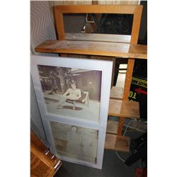 OAK MIRROR WITH SHELF AND WHITE PICTURE FRAME