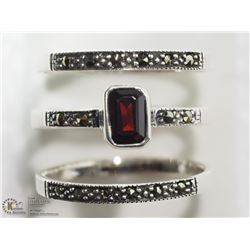 3) STERLING SILVER GARNET & MARCASITE RING
