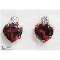 30) 10KT GOLD GARNET & CZ HEART SHAPED EARRINGS