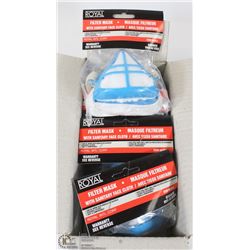 BOX OF NEW FILTER MASKS WITH SANITARY FACE CLOTHS.
