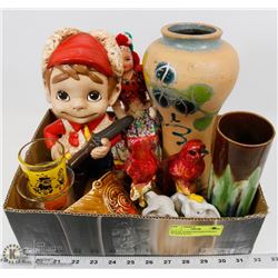 BOX OF VASES/ORNAMENTS/SHOT GLASSES & ETC.