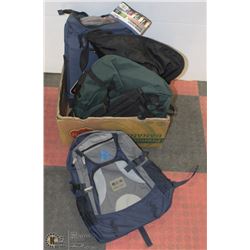 BOX OF MOSTLY NEW BACKPACKS INCL ROOTS