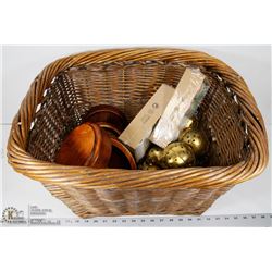 BASKET OF CANDLE HOLDERS & WOODEN BOWLS.
