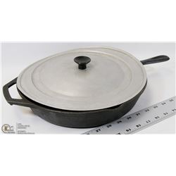 CAST IRON FRYING PAN MADE BY LODGE C/W TIN LID