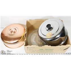 9) 2 CAKE DOMES - COPPER & ALUMINUM TOPS, GLASS