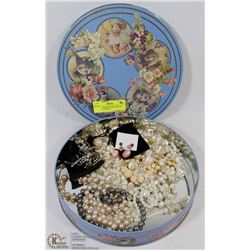 LOT OF VINTAGE JEWELRY IN VINTAGE TIN INCL