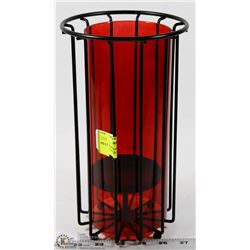 RED AND WROUGHT IRON TALL PILLAR CANDLE HOLDER