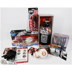 BASKET OF NEW STAR WARS TOYS.