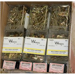 BOX OF ASSORTED SPLIT DRIVE ANCHORS AND FLAT WOOD