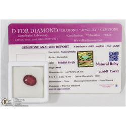 2.96CT FACETED OVAL RUBY GEMSTONE WITH ASSAY CARD