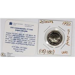 1992 CANADIAN SILVER QUARTER PROVINCE OF BC W/COA.