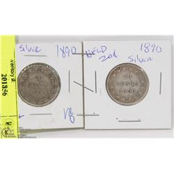 26) TWO 1890 NEWFOUNDLAND 20 CENT COINS.