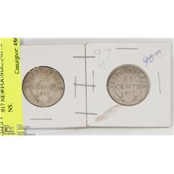25) TWO 1917 NEWFOUNDLAND 25 CENT COINS.
