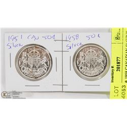 43) 1951 & 1958 CANADIAN 50 CENT SILVER COINS.