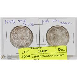 44) 1941 & 1943 CANADIAN 50 CENT SILVER COINS.