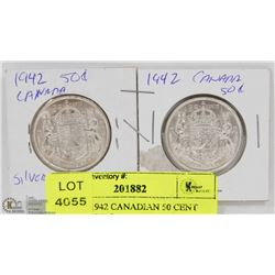 47) TWO 1942 CANADIAN 50 CENT SILVER COINS.