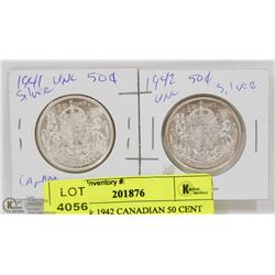 42) 1941 & 1942 CANADIAN 50 CENT SILVER COINS.
