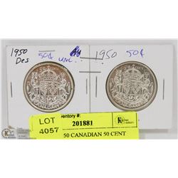 46) TWO 1950 CANADIAN 50 CENT SILVER COINS.