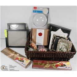 BASKET OF HOUSEWARES INCL SHADOW BOXES & PAPYRUS