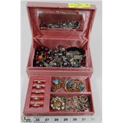 PINK JEWELED TOP JEWELRY BOX WITH CONTENTS