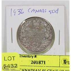 38) 1936 CANADIAN 50 CENT SILVER COIN.
