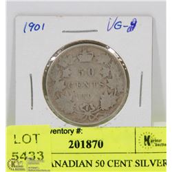 37) 1901 CANADIAN 50 CENT SILVER COIN.