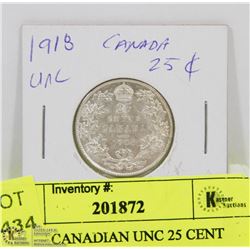 39) 1918 CANADIAN UNC 25 CENT SILVER COIN.