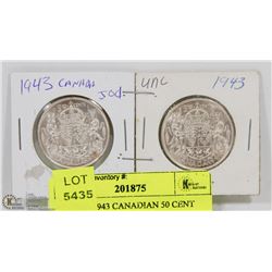41) TWO 1943 CANADIAN 50 CENT SILVER COINS.