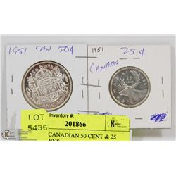 34) 1951 CANADIAN 50 CENT & 25 CENT COINS.