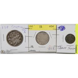 30) 1911 CANADA 50 CENT, 25 CENT & 10 CENT TRIO
