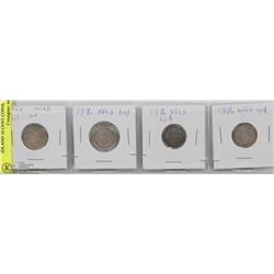 9) 1882 AND THREE 1896 NEWFOUNDLAND 10 CENT COINS.