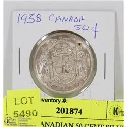 40) 1938 CANADIAN 50 CENT SILVER COIN.