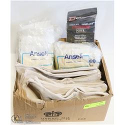 BOX OF WORK GLOVES, RUBBER GLOVES AND INSOLES