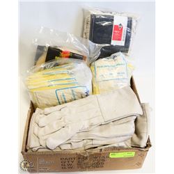 BOX OF WORK GLOVES, RUBBER GLOVES AND MOP HEADS