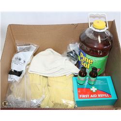 BOX OF SAFETY GEAR INCL FIRST AID AND PINESOL