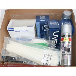 BOX OF ASSORTED SIZE ZIP TIES, EYE PROTECTION