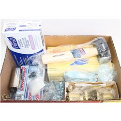 BOX OF ASSORTED FASTENERS AND CLEANING SUPPLIES