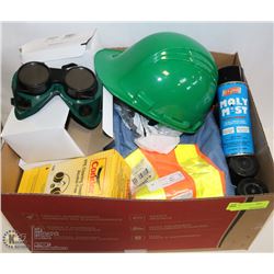 BOX OF ASSORTED SAFETY GEAR AND 5 CANS OF MOLY