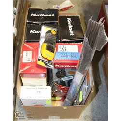 BOX OF ASSORTED KWIKSET DOOR KNOBS, STUD FINDERS