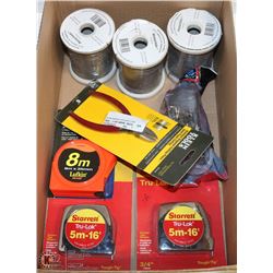 BOX OF TIE WIRE, MEASURING TAPES AND MORE