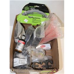 BOX OF ASSORTED BELTS, FASTENERS AND STEEL FISH