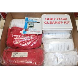 BOX OF FIRST AID NEEDS AND INSPECTION GLOVES