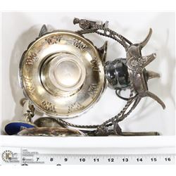 TOTE OF ASSORTED SILVER PLATED ITEMS.