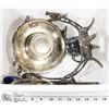 Image 1 : TOTE OF ASSORTED SILVER PLATED ITEMS.