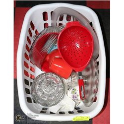 BASKET WITH CRYSTAL COOKIE JAR, SEWING BASKET