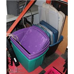 LOT OF 5 TOTES & LIDS - COMES WITH EXTRA LIDS.